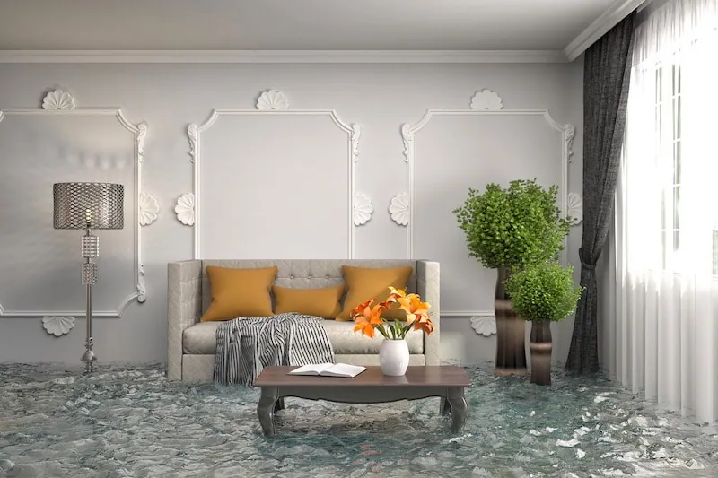 Living room flooded with storm water